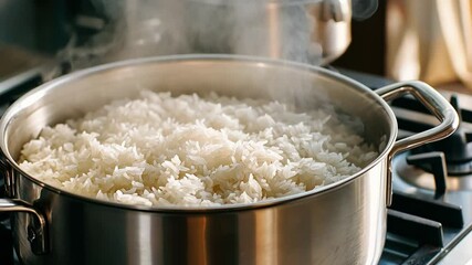 This Fluffy white rice simmers gently in a silver pot, filling the kitchen with warmth and aroma.