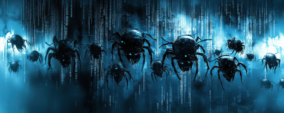Scary cyber insects eating code in digital environment