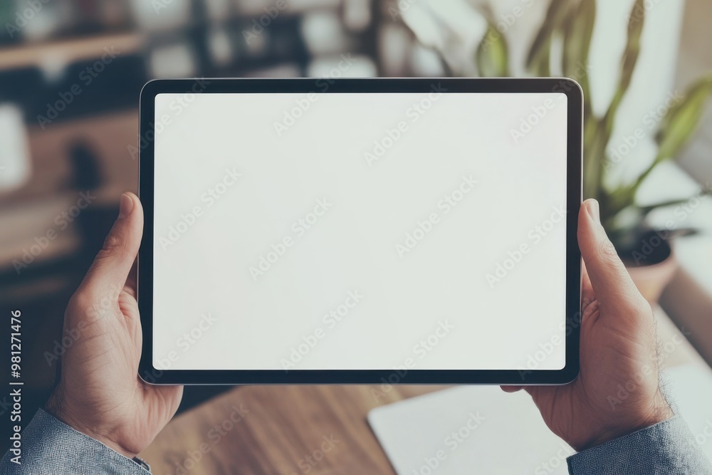 Poster a close-up of hands holding a tablet with a white screen, showing the tablet's display mockup the ba