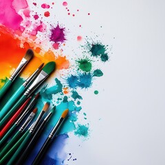 Vibrant paint splashes and brushes create a colorful backdrop for artistic expression and creativity.