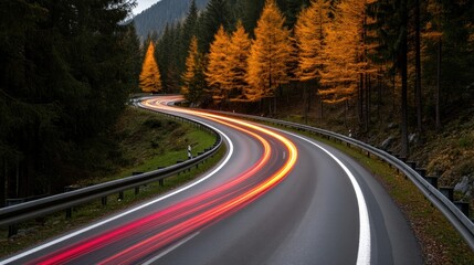 A curved road stretches through a mountainous landscape, illuminated by colorful car lights. The surrounding trees display vibrant autumn colors as dusk settles in