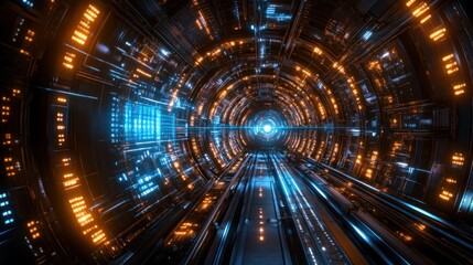 Fototapeta premium A tunnel illuminated by vibrant blue and orange lights creates a captivating atmosphere, resembling a journey through a sci-fi digital realm, evoking a sense of wonder and exploration