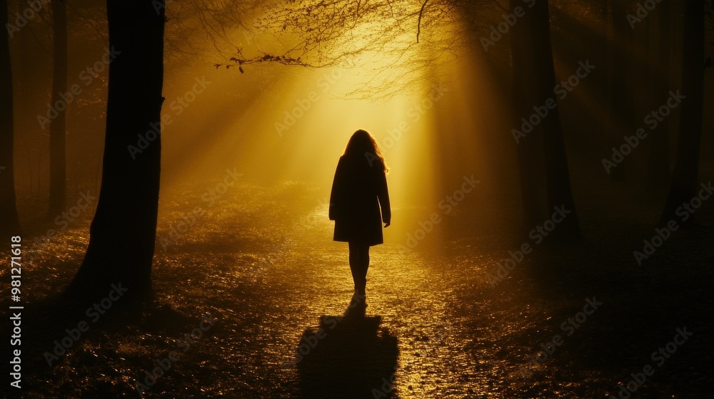 Poster a person walks alone on a forest path, enveloped by a warm golden glow filtering through the trees i