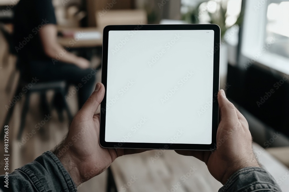 Poster a close-up shot of a tablet in the hands of a man, with a white screen the tablet is positioned at e