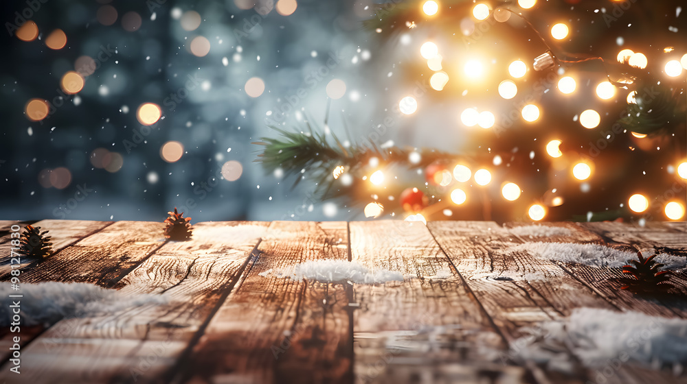 Poster empty wooden table top with christmas tree string light blur background