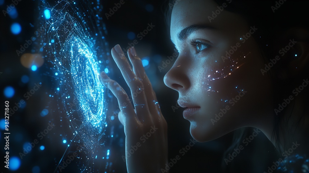 Aufkleber biometric security network privacy data protection woman fingerprint identification on mobile phone 