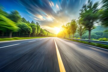 An empty road is depicted with a blurred background to convey motion. AI Generative