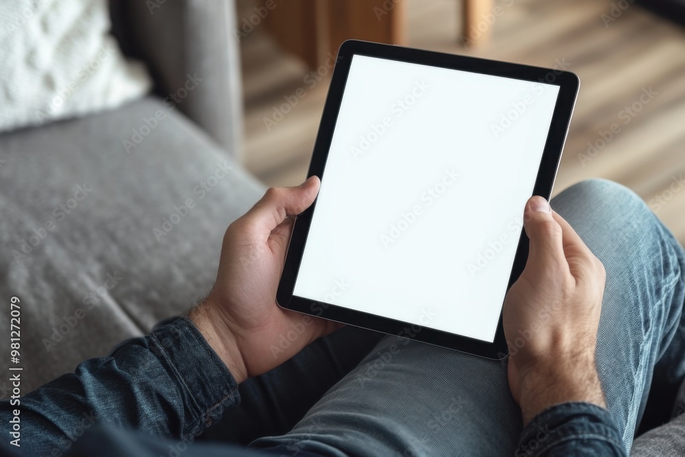 Poster a close-up shot of a man holding a tablet with a white screen, sitting on the couch at home mockup f