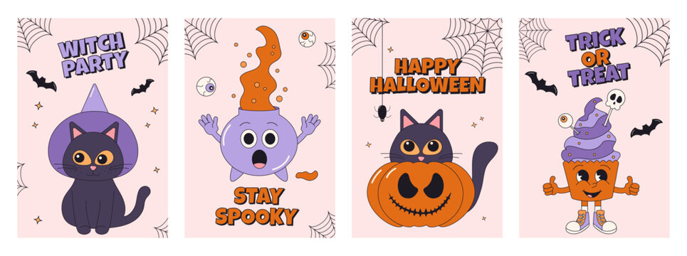 Collection of groovy posters and cards with spooky Halloween characters. Retro cartoon set. Posters with lettering and phrases with pumpkin, cats and cupcake.