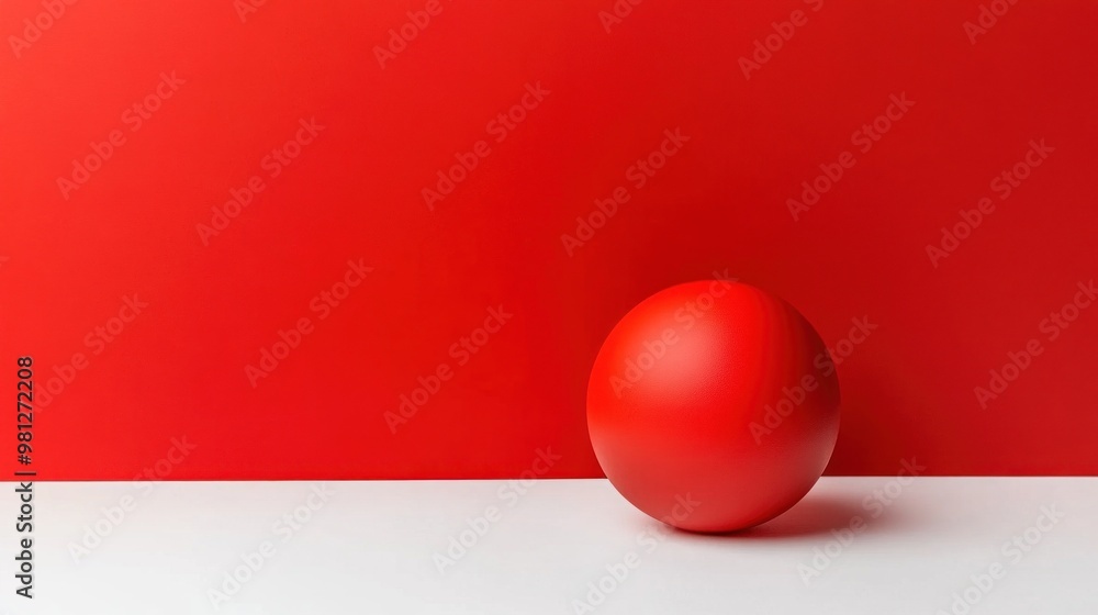 Poster the bold red sphere is positioned on a white surface, contrasting sharply with the vivid red backgro