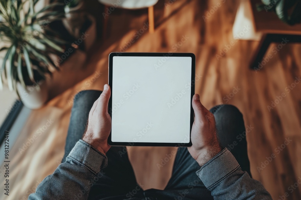 Poster a man holding a tablet with a white screen, a close-up of the tablet's blank display for mockups or 