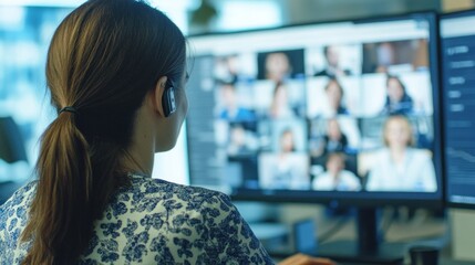 The woman is actively engaged in a virtual meeting, wearing a headset, as she interacts with colleagues displayed on her computer screen in a professional office setting