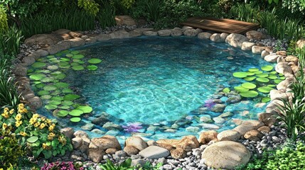 Fototapeta premium The clear waters of a garden pond reflect sunlight while vibrant lily pads float atop. Surrounding stones and rich greenery create a peaceful atmosphere perfect for relaxation