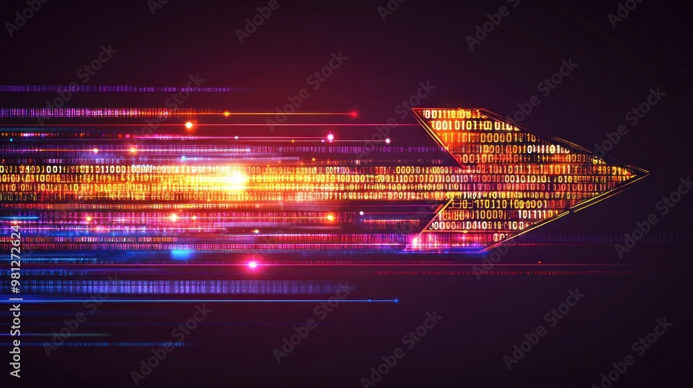 Poster a vibrant arrow made of flowing binary digits moves rapidly to the right, illustrating themes of dig