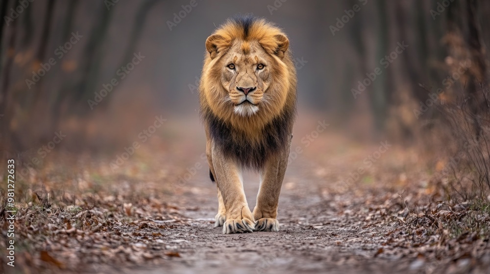 Aufkleber a lion walks confidently along a quiet forest path surrounded by trees, with soft light filtering th