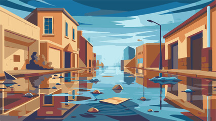 Detailed illustration of a flooded urban street with debris floating in water, perfect for environmental impact and disaster management content.