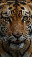 Close-up portrait of a tiger in the rain with intense eyes.