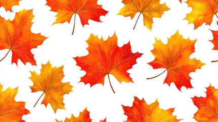 Brightly colored autumn leaves in orange and yellow hues are scattered across a white background, capturing the essence of fall's beauty and transition