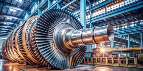 Obraz premium Powerful steam turbine rotor with blades in industrial workshop , steam turbine, rotor, blades, industrial