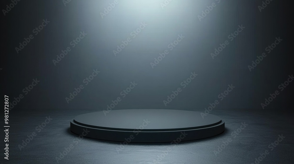 Poster a circular stage stands in a dimly lit space, illuminated by a single spotlight from above, creating