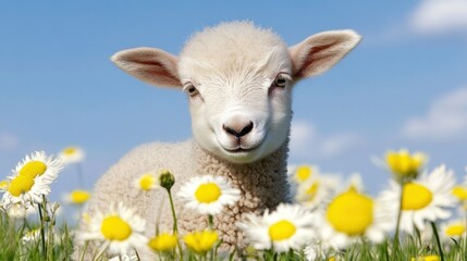 Fototapeta premium A playful lamb stands among vibrant daisies, enjoying the warm sunlight in a picturesque meadow. The scene captures the essence of spring and nature's beauty