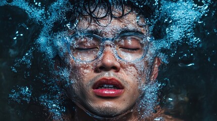 Fototapeta premium A person with glasses is fully submerged underwater, with their eyes closed. Bubbles swirl around their face, creating a peaceful and contemplative atmosphere, reflecting a moment of stillness