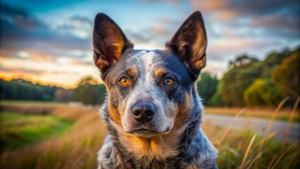 Stoic Australian cattle dog with piercing brown eyes and blue-gray coat stands alert, guarding the rural farm landscape with loyalty and focused intensity.