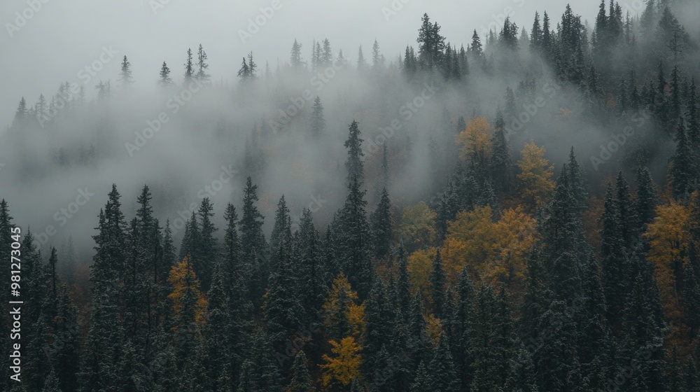 Poster dense evergreen trees rise majestically in a forest landscape, where mist weaves through the branche