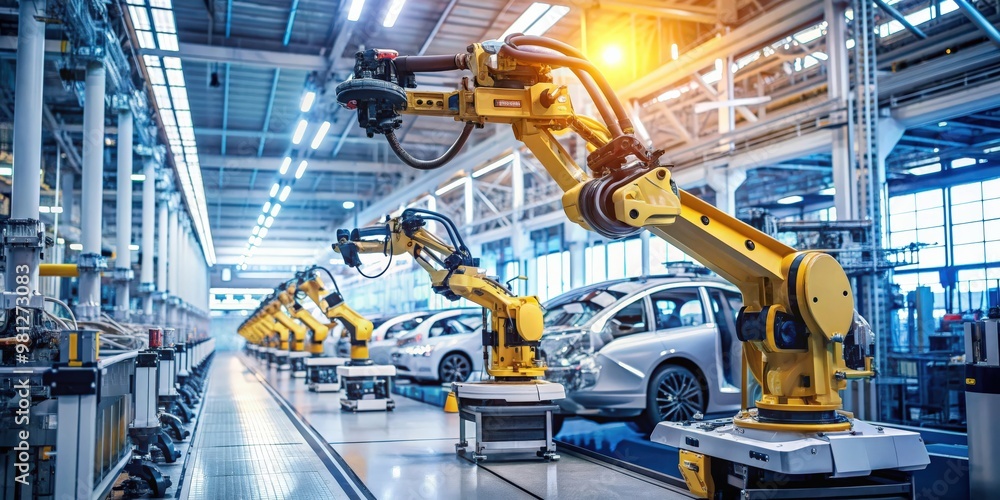 Poster robotic arm in an automobile manufacturing factory using industry 0 technology, automobile