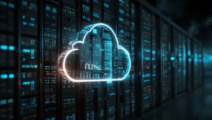 Cloud storage symbol on a data server, highlighting modern tech.