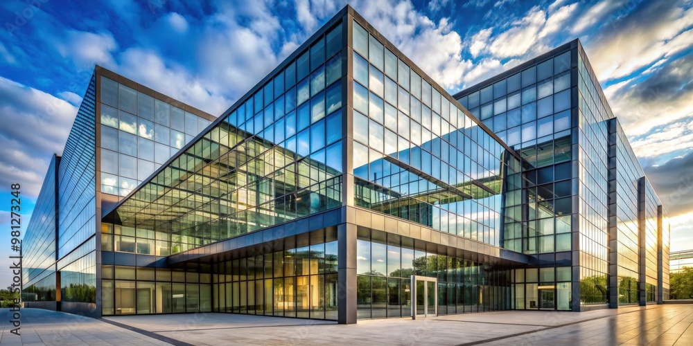Poster architecture background featuring a modern building with geometric shapes and glass windows, archite