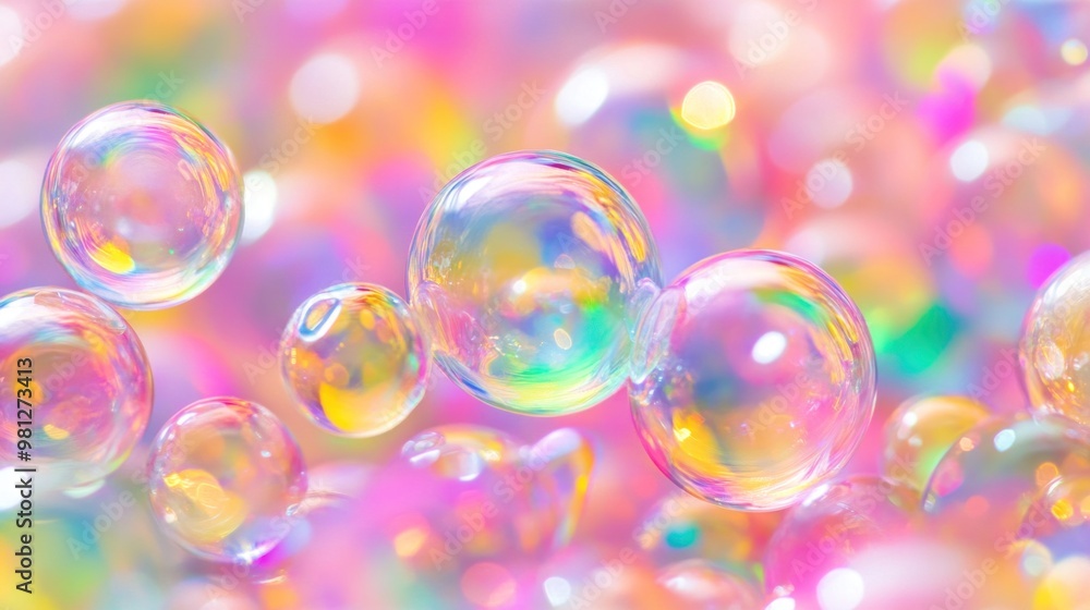 Poster bubbles of various sizes shimmer in a playful array of pastel colors, gently floating against a soft