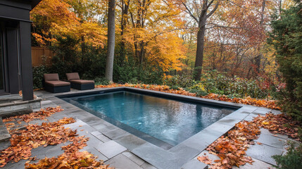 A small backyard swimming pool surrounded by fall foliage