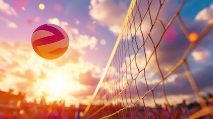 Obraz premium Volleyball in flight over net at sunset. Dynamic outdoor sports scene with vibrant sky. Summer beach activities concept. 