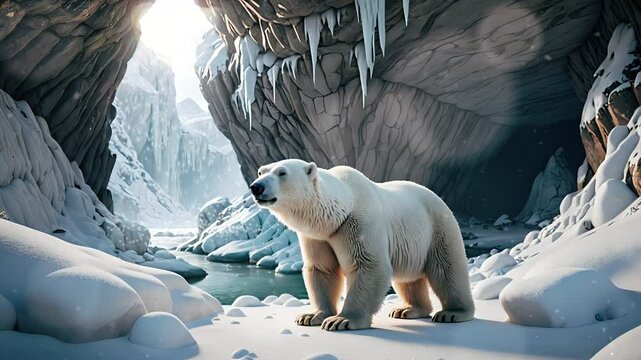 Majestic Polar Bear in Arctic Wilderness with Ice Cliffs and Snowy Landscape. Wildlife and Climate Change Concept
