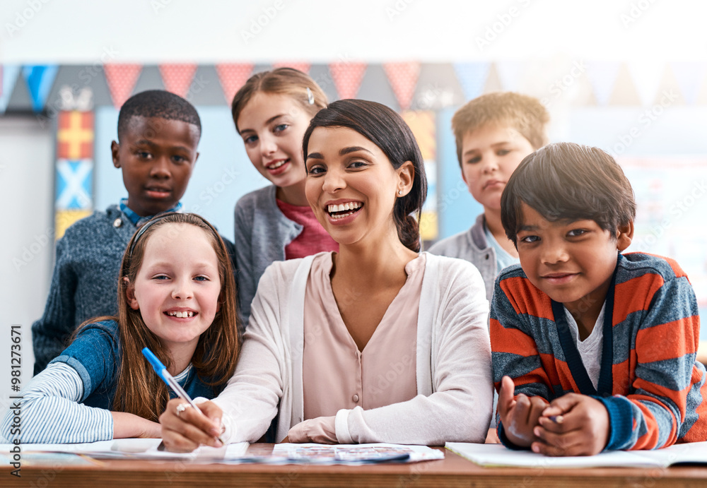 Canvas Prints Portrait, teacher and group of kids in classroom for help in growth, child development and lesson for education. Learning, woman and children at desk with notes, smile and study at elementary school