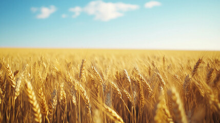 Obraz premium A vast field of golden wheat swaying gently in the breeze under a bright blue sky