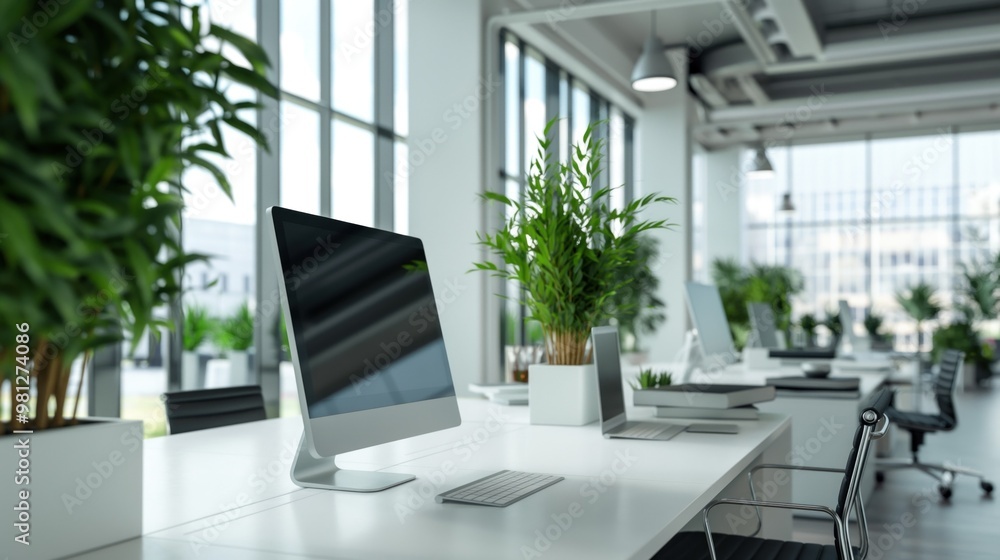 Poster a spacious office showcases sleek workstations with modern computers, surrounded by greenery and lar