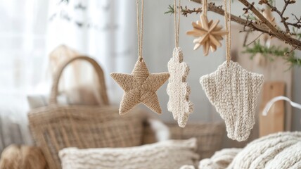 Natural Christmas ornaments with jute stars and wooden snowflakes, hanging from a branch, creating a warm, organic holiday scene
