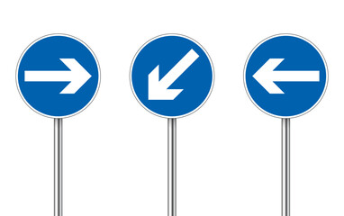 blue circle road signs with arrows pointing in different directions © jackreznor