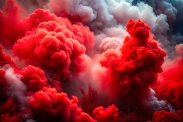 Red smoke plumes against white clouds creating abstract scene