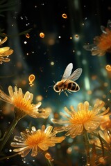 Fototapeta premium A bee hovers above bright orange flowers, gathering nectar in a tranquil twilight garden