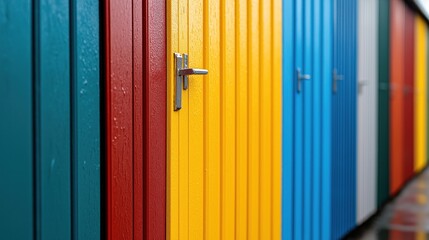 A row of beach huts painted in bright colors creates a cheerful atmosphere along the seafront, inviting visitors to enjoy the sunny day by the ocean