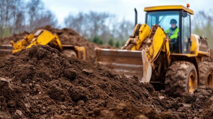 A yellow loader works to move large piles of dirt on a construction site, with an operator visible inside the cabin, against a backdrop of trees under cloudy skies