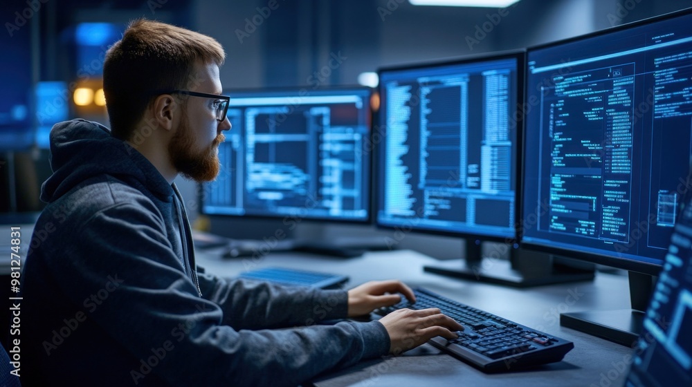 Poster a focused young man types on a keyboard at his workstation, surrounded by multiple screens filled wi