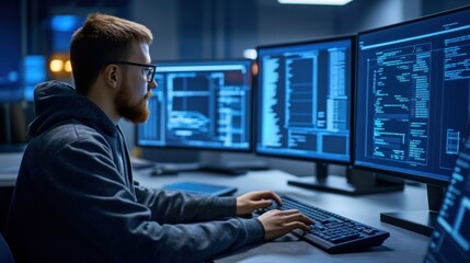 A focused young man types on a keyboard at his workstation, surrounded by multiple screens filled with code, data analysis, and programming tasks in a tech workspace