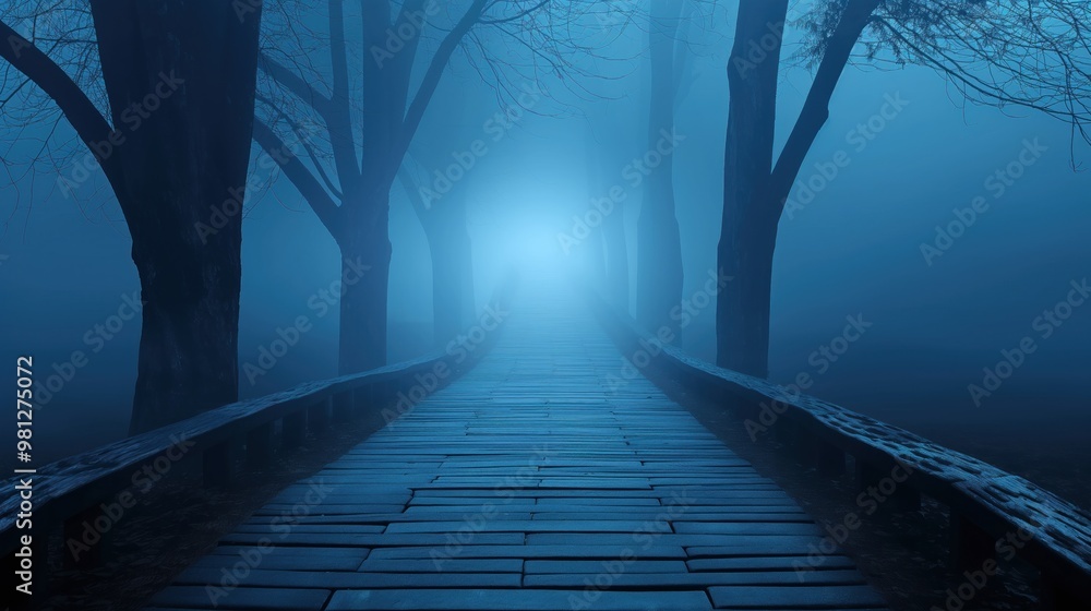 Poster a dimly lit pathway extends into the distance, flanked by tall trees, as a soft fog envelops the are