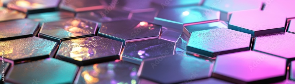 Poster abstract background of iridescent hexagonal shapes.