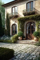 Fototapeta premium Charming villa facade with arched wooden doors, ivy-draped walls, and wrought-iron balconies adorned with potted plants, set against a stone-paved patio and lush greenery.