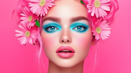 Naklejka premium A young woman poses with striking pink hair adorned with flowers, showcasing bold blue eyeshadow and glossy lips, creating a playful and artistic appearance